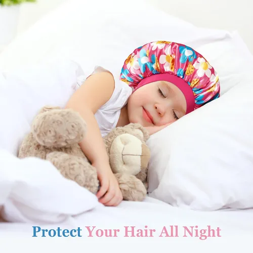 Vista 4 de 3 gorros para niños, gorros para niñas, gorro de seda satinada para dormir, gorro de dormir de banda ancha suave para trenzas de cabello rizado