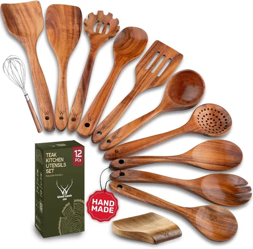 Vista 13 de Cuchara de madera de teca de mango largo de 12 pulgadas para cocinar con soporte de cuchara grande de teca, cucharas de madera de primera calidad