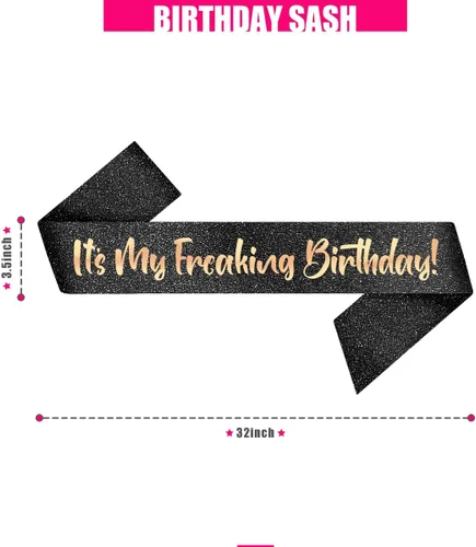 Vista 3 de PartyForever Cinta decorativa de cumpleaños para mujer, banda negra de 32 pulgadas de largo con letras de oro rosa "It's My Freaking Birthday
