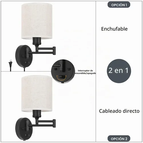 Vista 6 de CADUKE Juego de 2 apliques de pared enchufables, lámparas de pared con brazo oscilante Moderno, Accesorios de iluminación de pared para Lino