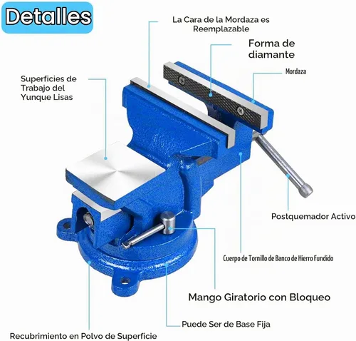 Vista 5 de Tornillo de banco resistente de 5 pulgadas, base giratoria de 360° con abrazadera de yunque de acero fundido, tornillo de banco de mesa