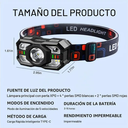 Vista 8 de Linterna frontal recargable, 1200 lúmenes súper brillante LED con sensor de movimiento, 10 modos, impermeable, ligera, linterna con luz roja