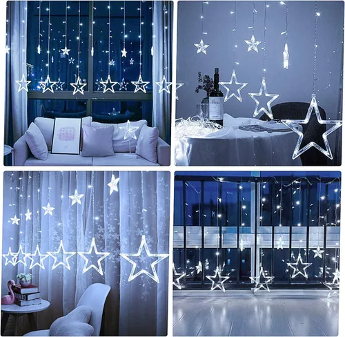 Vista 2 de Luces de Cortina de Estrellas para Dormitorio - Enchufables de 9 pies, 138 Luces LED de Hadas Centelleantes con 12 Gotas de Estrellas, Luces