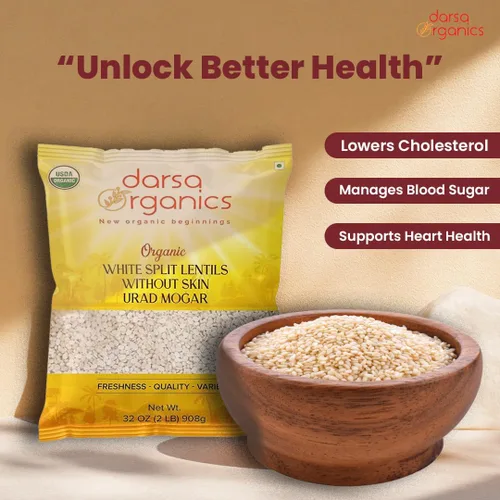 Vista 6 de Darsa Organics Urad Dal Split Without Skin (Urad Mogar) 2 libras – Lentejas partidas de matpe blanco orgánico USDA Sin OMG, proteína a base