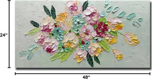 Vista 7 de AZAVY Arte, 24 x 48 pulgadas, moderno ramo de flores texturizadas pintadas a mano, arte de pared, pinturas al óleo florales sobre lienzo, naturaleza