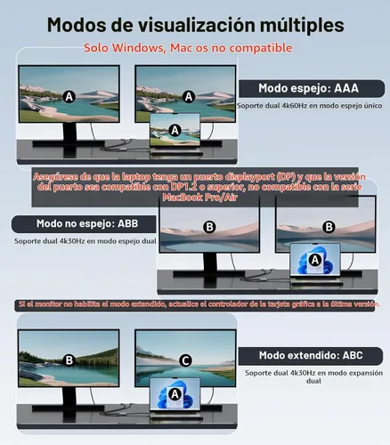 Vista 6 de Adaptador DisplayPort a HDMI dual [4K @60Hz] Divisor DP a HDMI, pantalla extendida de 1 en 2 salidas, convertidor de fuente macho DP para monitores