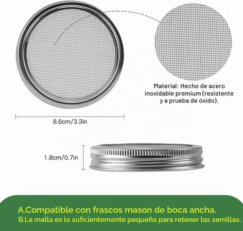 Vista 4 de Kit de tapas para germinar - 316 tapas de germinación de acero inoxidable para tarro Mason de boca ancha de 86 mm con soportes ajustables - Kit
