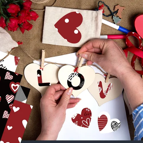Vista 7 de Papel con Patrón de San Valentín de Doble Cara Papel Decorativo para Álbum de Recortes de San Valentín, Cartulina Roja y Negra con Corazones de Amor
