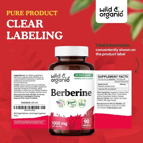 Vista 7 de Wild & Organic Berberine Cápsulas 1000 mg - Soporte antioxidante - 90 unidades Pure Berberine HCL Powder - Suplemento de corteza Berberis Aristata