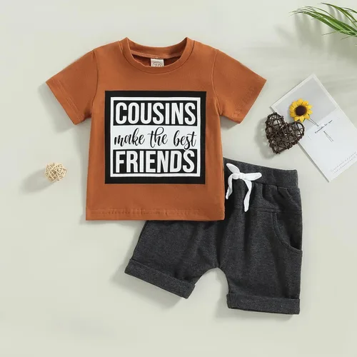 Vista 77 de Conjunto de traje de verano para bebé niño pequeño, manga corta, cuello redondo, letras impresas, lindo traje de verano, conjunto de 2 piezas