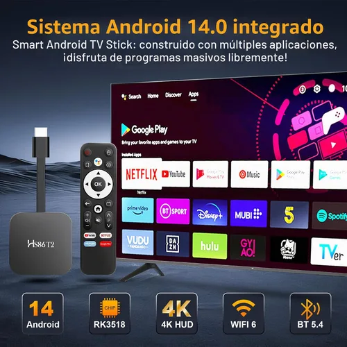 Vista 5 de Android 14.0 TV Stick HS86 T2 4K 2GB RAM 16GB ROM Dual Wi-Fi BT5.4