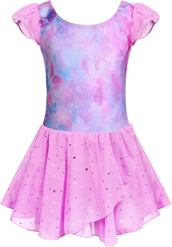 Vista 25 de Arshiner - Vestido de baile de ballet con mangas con volantes, leotardo de tutú con ruedo para niñas Lila