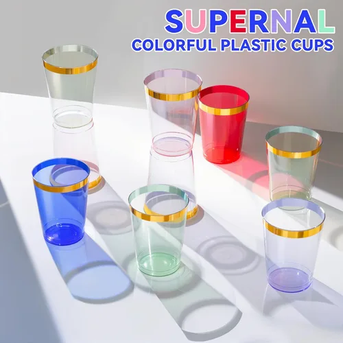 Vista 9 de Supernal 100 piezas de vasos de plástico azules, vasos desechables transparentes azules claros de 10 onzas con borde dorado, vasos de plástico