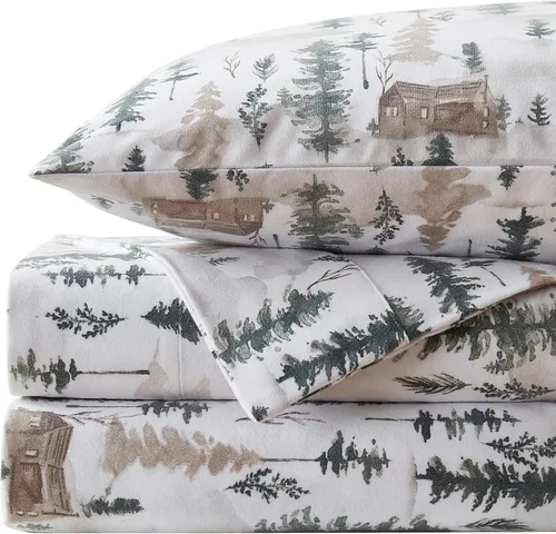 Vista 6 de Sweet Home Collection Juego de sábanas de franela de Navidad, diseño de oso y ciervo, tamaño individual, de microfibra cepillada suave con bolsillo