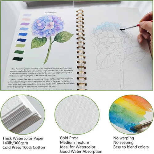 Vista 4 de Cuaderno de trabajo de acuarela 15 hermosas pinturas de flores para adultos y adolescentes principiantes, libro para colorear al agua, 140 libras