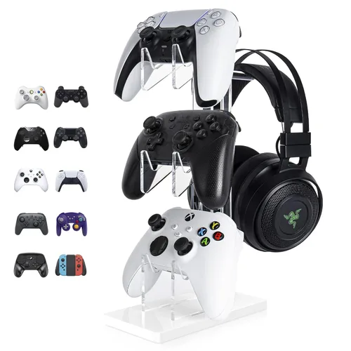 Vista 19 de OAPRIRE Headset and Controller Stand with Lights, 2 Tier Acrylic Game Controller Holder, Controller and Headset Stand for Desktop,Universal Design