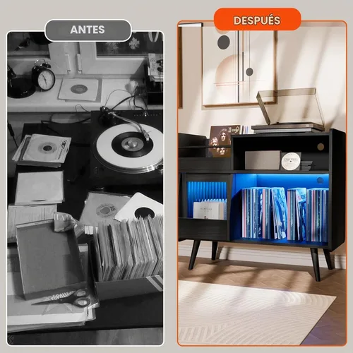 Vista 6 de Soporte grande para tocadiscos con puerta corredera, gabinete de almacenamiento para 350 discos de vinilo, mesa para tocadiscos con toma