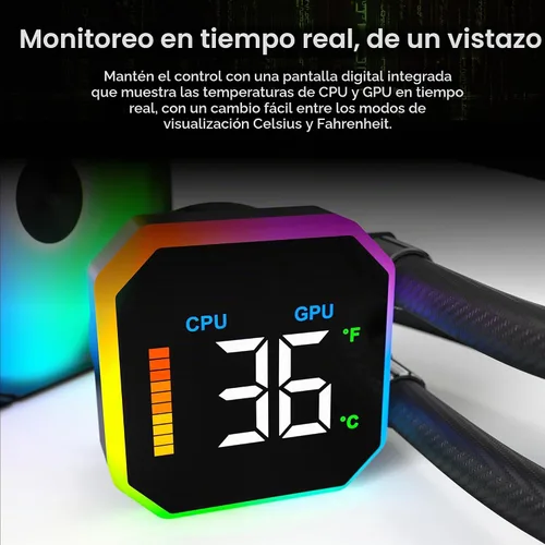 Vista 2 de MONTECH HyperFlow Digital 240 - Enfriador líquido de CPU, AIO de 9.449 in con bomba de 3100 RPM, 2 ventiladores E28 ARGB de 4.724 in, pantalla