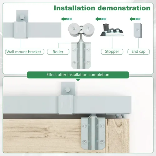 Vista 4 de DIYHD Herrajes para Puerta Corredera Doble Exterior de Granero de Acero Galvanizado de 8 Pies, Kit de Riel de Caja de Montaje en Pared de Servicio