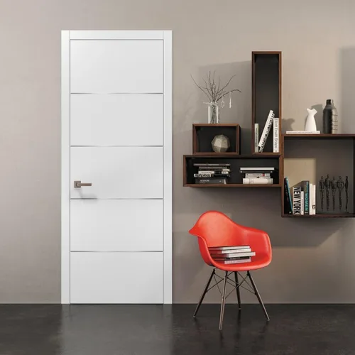 Vista 2 de Puerta interior de madera moderna precolgada con herrajes Planum 0020 seda blanca Adornos de marco de un solo panel Puertas resistentes