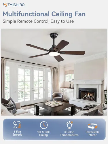 Vista 2 de ZMISHIBO Ventiladores de techo de 44 pulgadas con luces, ventilador de techo moderno negro con control remoto, ventilador de techo