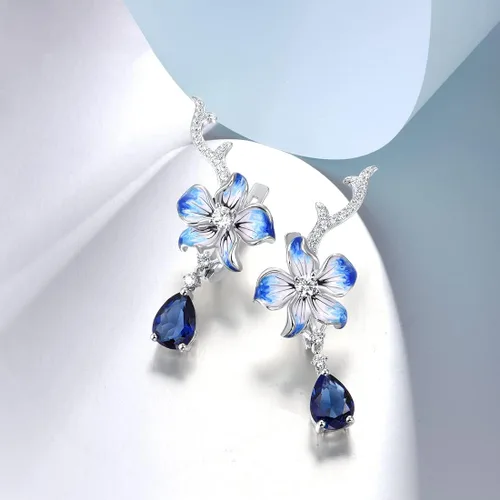 Vista 3 de Santuzza - Aretes con gema, esmaltados, de flor, de plata de ley 925