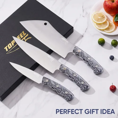 Vista 7 de Topfeel Juego de 3 cuchillos de chef profesional, cuchillos de cocina japoneses ultra afilados, acero inoxidable alemán de alto carbono de 8