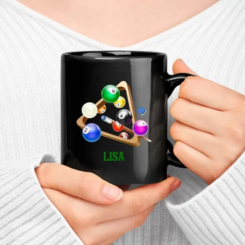 Vista 3 de Taza de billar personalizada, taza de café de billar, taza deportiva personalizada, regalo para los amantes del billar, taza de té negro de 11