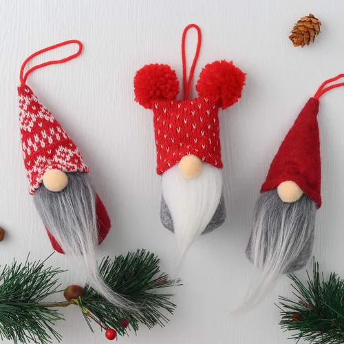 Vista 2 de D-FantiX Juego de 6 adornos de Navidad de gnomo, hechos a mano, gnomos suecos Tomte, adornos decorativos de felpa para colgar en el árbol