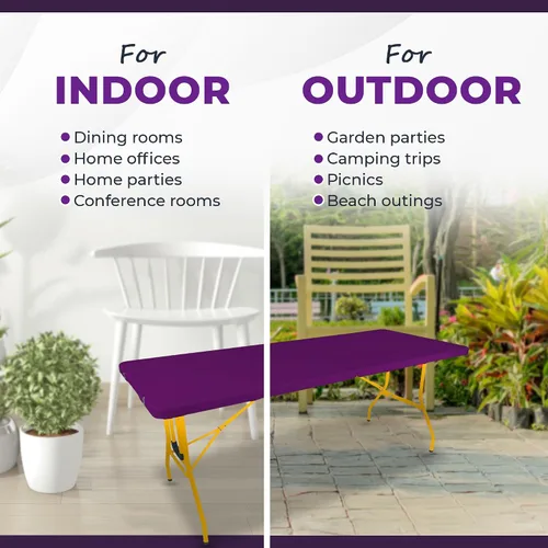 Vista 5 de Mesa y sillas plegables creativas para exteriores, 6 pies, ruedas integradas, plástico duradero portátil (morado y amarillo)