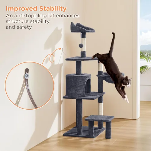 Vista 7 de Yaheetech Torre de árbol para gatos de varios niveles de 57 pulgadas con plataforma extendida, percha acolchada, postes rascadores y bola — centro