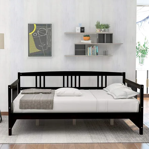 Vista 12 de P PURLOVE Sofá cama individual de madera con rieles, cama individual, listones de madera que soportan la vida moderna, individual, espresso