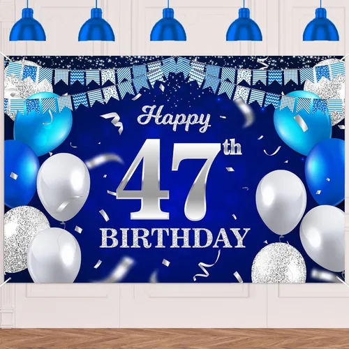 Vista 13 de Bandera de feliz primer cumpleaños con fondo azul marino, globos, confeti, bandera de rayas, luces de puntos, felicitaciones por el tema de 1 año