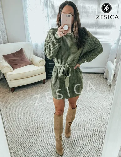 Vista 6 de ZESICA - Vestido de tejido de punto gofre con lazo en la cintura y manga larga para mujer estilo túnica de un solo color sin botones