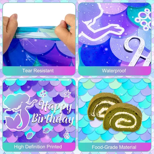 Vista 3 de 1 mantel de sirena – Mantel de sirena de feliz cumpleaños, mantel rectangular de plástico desechable con diseño de sirenas para decoración