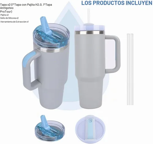 Vista 2 de Quencher ProTour - Vaso térmico de 40 onzas con asa - Botella de agua de acero inoxidable 100% a prueba de fugas aislada al vacío 2 tapas