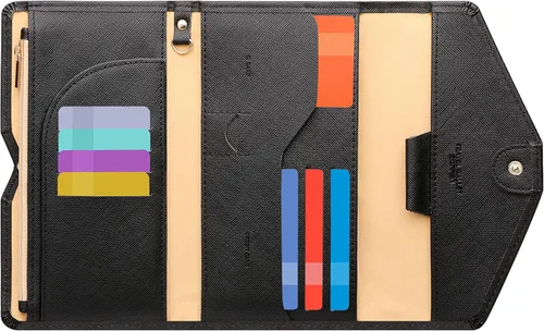 Vista 24 de Zoppen - Billetera de viaje con bloqueo RFID multiusos (Ver.4) Portatarjetas de pasaporte y vacunas, organizador de documentos de tres pliegues