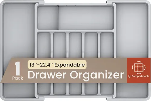 Vista 11 de Organizador de cajones de utensilios expandible negro, 1 paquete, ajustable de 13 a 22.4 pulgadas, organizador de cubiertos de 5 compartimentos
