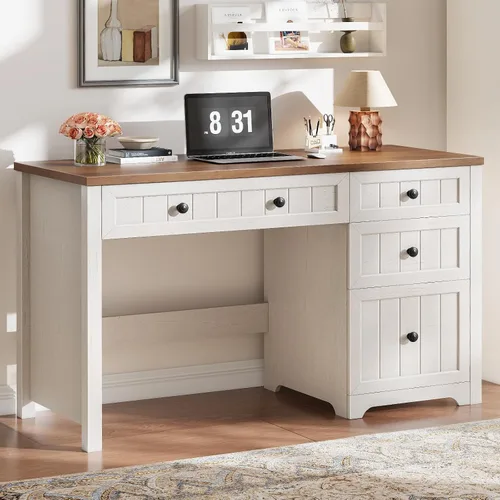 Vista 13 de Halitaa Farmhouse 55.1" Executive Desk with 3 Drawers, Vintage White Antique White