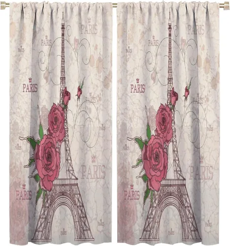 Vista 36 de Cortinas de la Torre Eiffel de París, pintura al óleo, flores moradas, torres de ciudad, con bolsillo para barra, cortinas de ventana