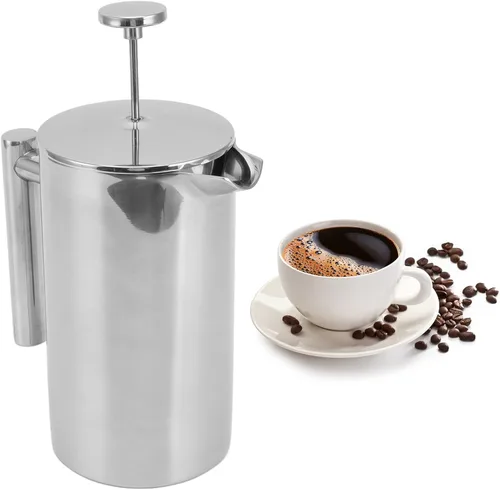 Vista 6 de Cafetera de prensa francesa, prensa francesa plateada, acero inoxidable, cafetera de prensa francesa, tetera de doble pared de acero inoxidable