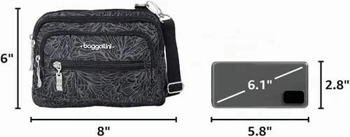 Vista 3 de Baggallini Bolso cruzado pequeño con triple cremallera para mujer, ligero, convertible, riñonera Estampado De Flor De Mediano