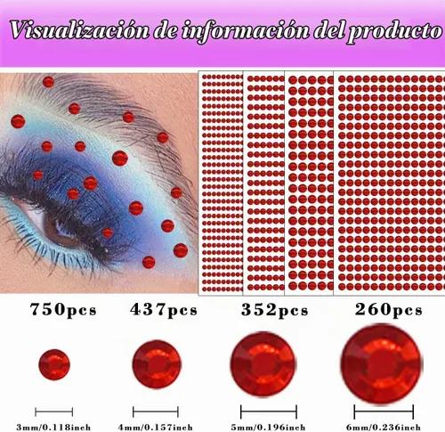 Vista 2 de 1799 piezas 4 hojas de pegatinas de diamantes de imitación 3/4/5/6 mm autoadhesivas para maquillaje de cara, ojos, cabello y cuerpo (Rojo-3/4/5/6mm)
