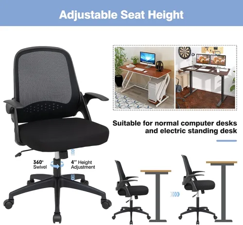 Vista 7 de Giantex Silla ergonómica de malla con respaldo medio para computadora, soporte lumbar, reposabrazos abatibles, silla giratoria de altura ajustable