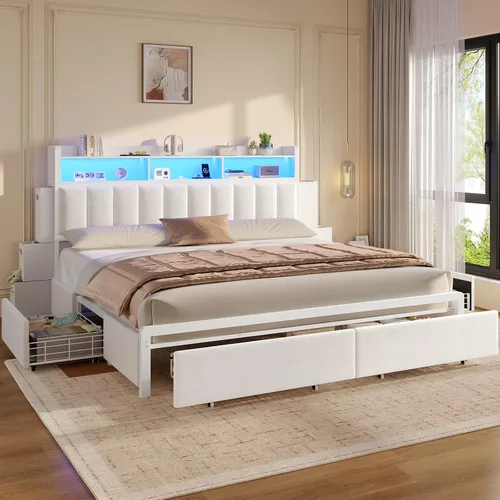 Vista 9 de ADORNEVE Base de cama tamaño King con 10 cajones de almacenamiento y cabecera tipo estantería RGB, cama King tapizada en PU con estación de carga
