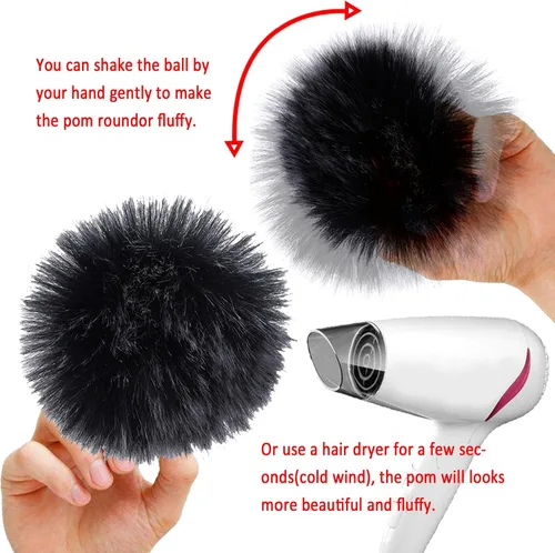 Vista 2 de SIQUK 24 Piezas de Bolas de Pompón de Pelo Sintético Negro con Lazo Elástico, Pompones Esponjosos de Pelo de Zorro Sintético para Gorros, Bonés