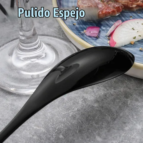 Vista 4 de Lemeya Juego de cubiertos negros de 24 piezas para 6, juego de cubiertos de acero inoxidable 18/10 resistente con cuchillo forjado, juego