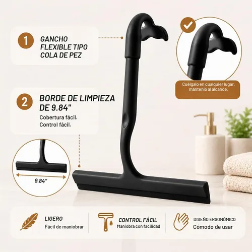 Vista 3 de Escobilla de ducha para puertas de vidrio, 9.8 pulgadas de ancho, silicona Negro