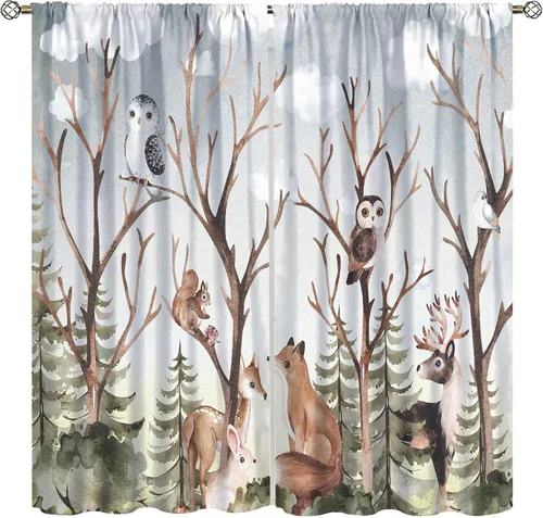 Vista 12 de Cortinas de animales del bosque, tratamientos de ventana para dormitorio del hogar, decoración de ventana de caricaturas, oso de acuarela, ardilla