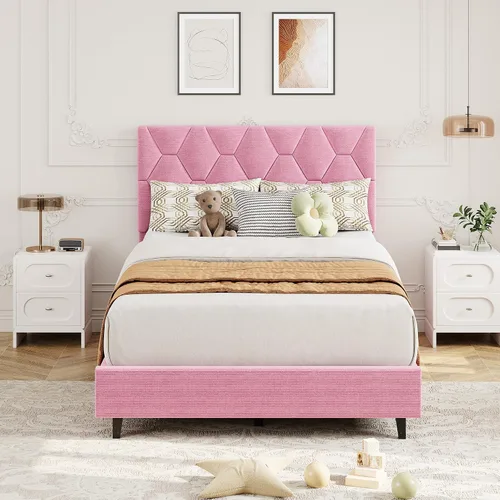 Vista 7 de GarveeHome Marco de Cama de Plataforma Tamaño Twin con Cabecera Tapizada y Soporte de Listones de Madera, Base de Colchón Tapizada/No Necesita Beige